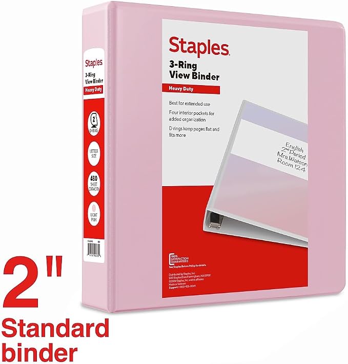 Staples Heavy Duty 2" 3‑Ring View Binder, D‑Ring, Light Pink