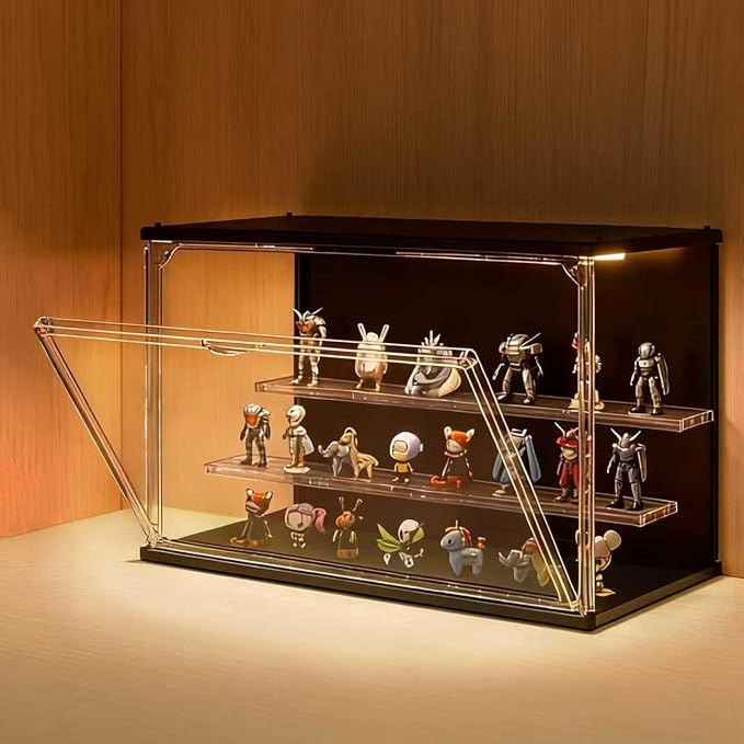 Clear Display Case for Collectibles, 3-Tier Stackable LED Figure Display Case with Magnetic Door, Adjustable Showcase for Models, Miniatures, Jewly (Black, 8.8“H-1PC)