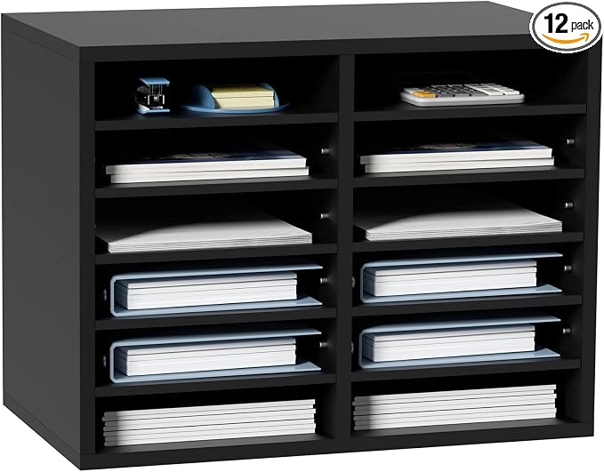 VEVOR Literature Organizers, 12 Compartments Office Mailbox with Adjustable Shelves，Wood Literature sorter 20.4x12x16.1 inches for Office, Home, Classroom, Mailrooms Organization, EPA Certified Black
