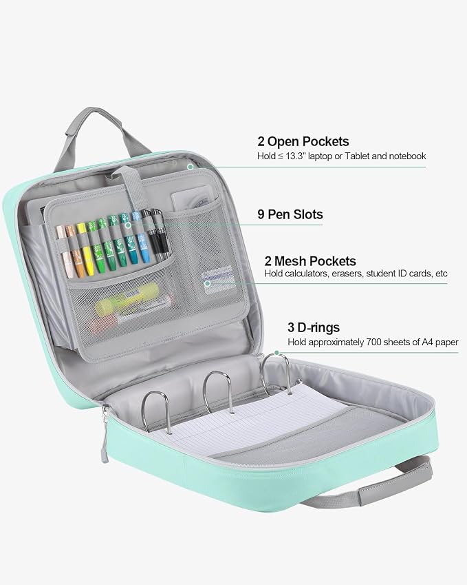 Zipper Binder 3 Inch 3 Ring with Shoulder Strap Multi-Pocket,Tough | Binder Bag with Laptop organizer for School Travel,Fit 13" MacBook & Tablet,700 Sheets Capacity,Water Resistant,Light Blue
