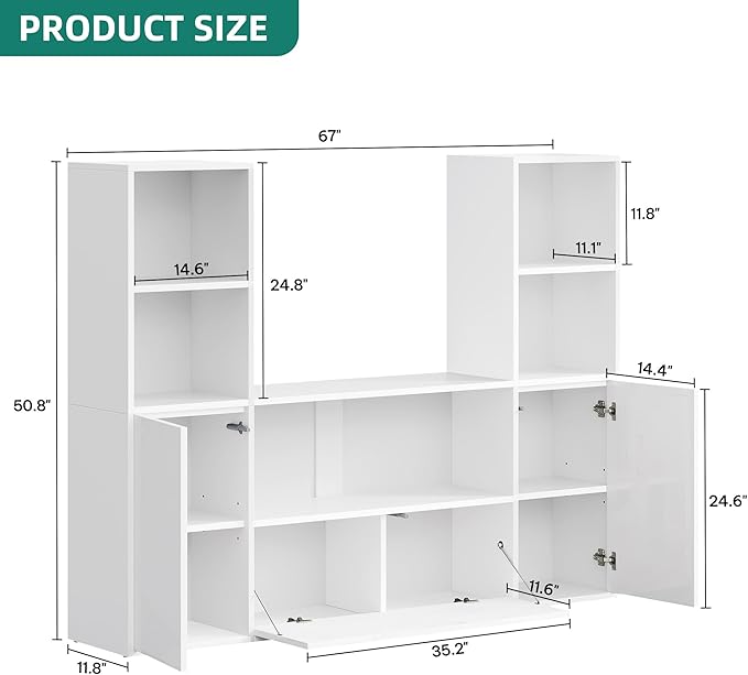 YITAHOME Castle Bookcase with Storage & Adjustable LED Lights | U-Shaped White Bookshelf with Cabinet, UV High-Gloss Display Unit, Cube Organizer for Living Room, Home Office and Bedroom