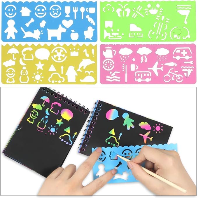 POKONBOY 16 Pack Scratch Arts and Crafts Notebooks, Scratch Note Pads for Kids Rainbow Party Favors Coloring Books for Kids Art Party Supplies Stocking Stuffers（16 Wooden Stylus & 4 Drawing Stencils）