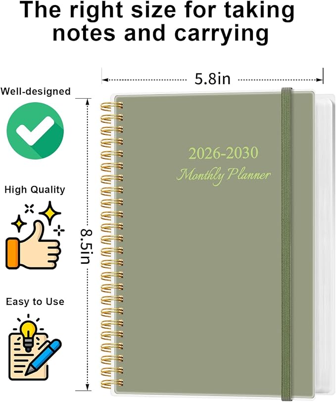 5 Year Planner 2026-2030 - April 2026 to December 2030, 5.8" x 8.5", Pink