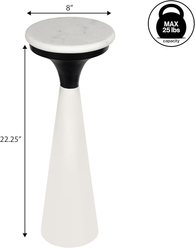 JONATHAN Y Oliver 8" Round Marble Pedestal Drink Table, White/Black | 22.25" High Modern Martini Cocktail Accent Stand, Small Side Furniture, No Assembly, Mid-Century Glam Style