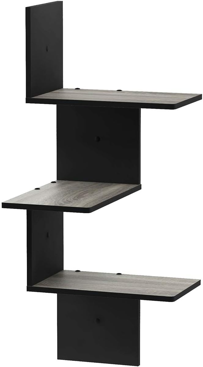Furinno Rossi 3-Tier Corner Floating Shelves for Wall, French Oak | Corner Square Wall Shelf, S-shape Radial Wall Mounted Book Shelf, for Bathroom, Bedroom, Living Room