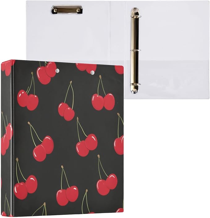 Caikeny 3 Ring Binder Red Cherry Black 1.5 Inch Binders Round Ring Clipboard with 2 Pockets for Office Supplies