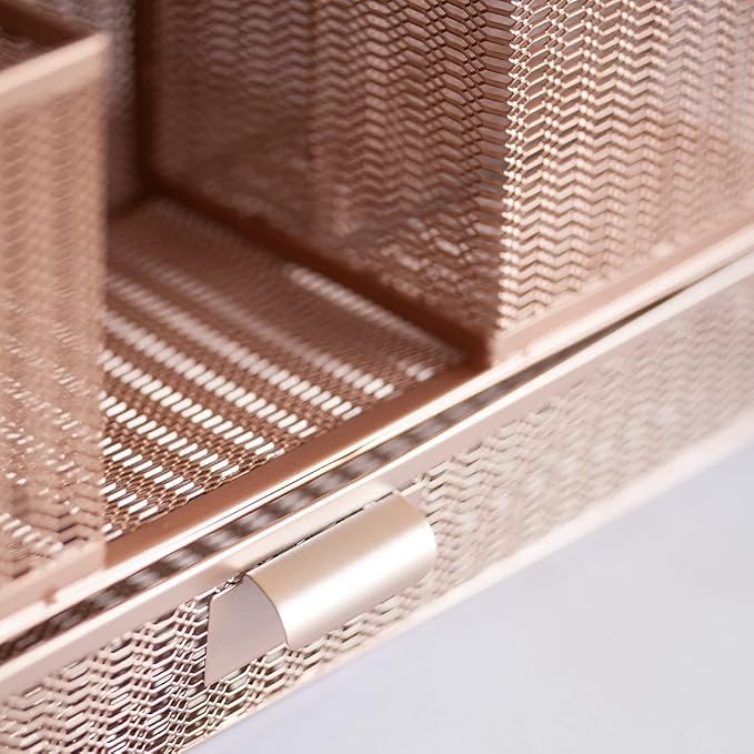 BLU MONACO | Rose Gold Desk Organizer with Sticky Note & File Holder | Metal Mesh Desktop Organizer with Large Drawer & 8 Compartments | Stylish Office, Vanity & Countertop Storage