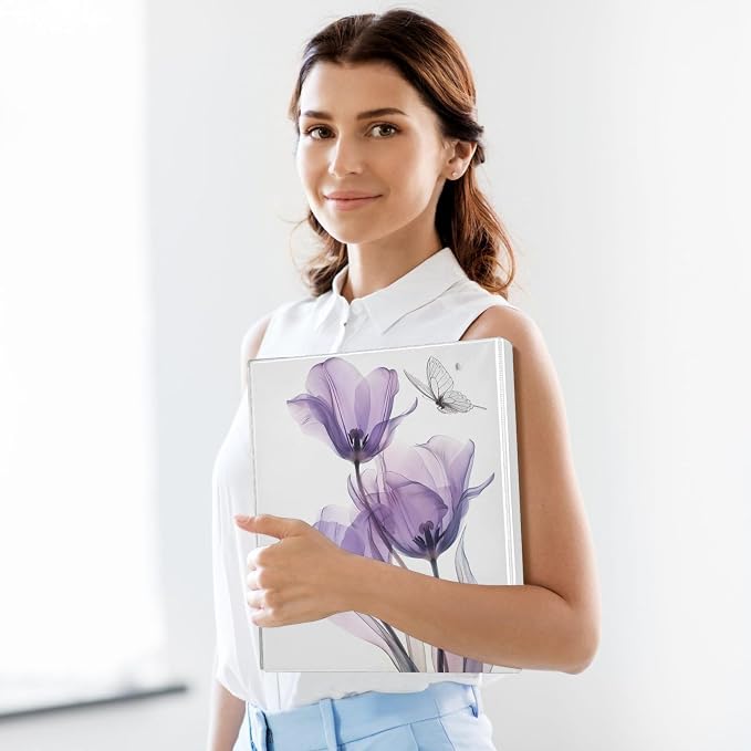 3 Ring Binder Purple Tulips Flower Butterfly 1.5" Round Ring Binders View Binder with 200 Sheet for Kids School Supplies Women Men Office, 1 Pack