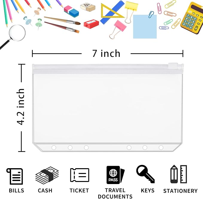 60pcs A6 Binder Pockets 6 Holes Zipper Folders Clear PVC Card Loose Leaf Bags Cash Envelopes for Budgeting Binder Waterproof Document Filing Bags for 6 Ring Notebook Planner Inserts