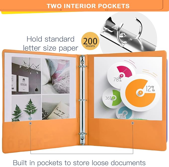 1 Inch Binders 3 Ring with 2 Interior Pockets, Holds 200 Sheets Letter Size Pape, Versatile Binders for Office Home School, Colored, 6 Pack