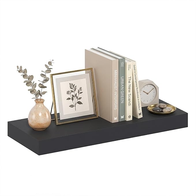 Furinno Tanna Floating Shelves for Wall, 9 x 24 Wall Shelf, Single Set Wall Mounted Floating Shelf with Invisible Bracket, 2-Inch Thick, for Bathroom, Living Room, Bedroom, Home Office, Americano