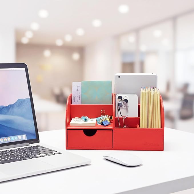 UnionBasic Desk Organizer - Multifunctional Leather Desktop Pen Holder Storage Box - Business Card/Pen/Pencil/Mobile Phone/Stationery Holder, Red
