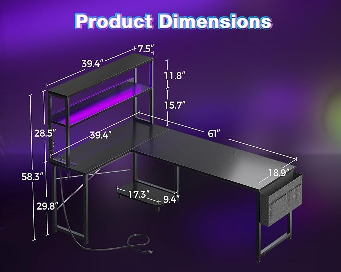 AODK L Shaped Desk Gaming Desk with LED Light & Power Outlet | 61 Inch Black Reversible L Shaped Computer Table with Shelf & Storage Bag & Hook for Home Office