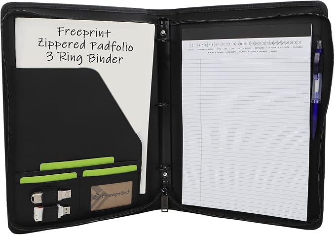 Zippered Portfolio Binder 3 Ring with Writing Pad Legal Size Letter - PU Leather Professional Padfolio Folder for Interview Business, Black