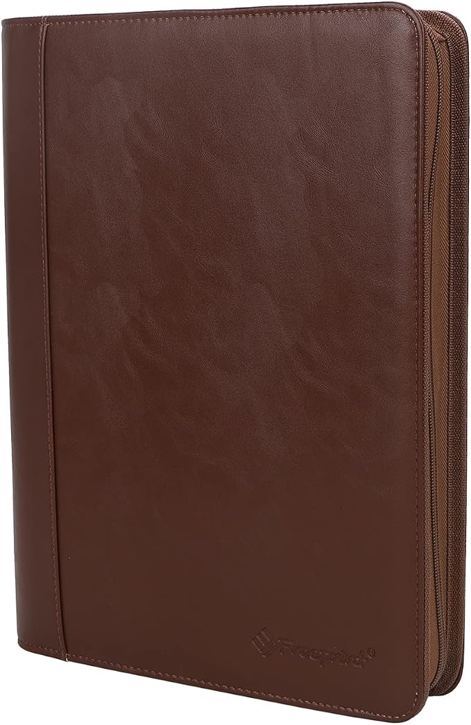 Zippered Portfolio 3 Ring Binder Organizer with Writing Pad Legal Size Letter - PU Leather Padfolio Document Organizer for Interview Business，Brown