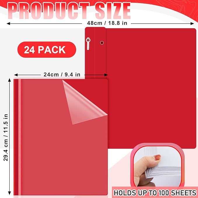 Teling 24 Pcs Clear Front Report Covers with 3 Prongs Fasteners Plastic Presentation Folders Resume Portfolio Report for Letter Size Binder for Paper Document School Office(Red)