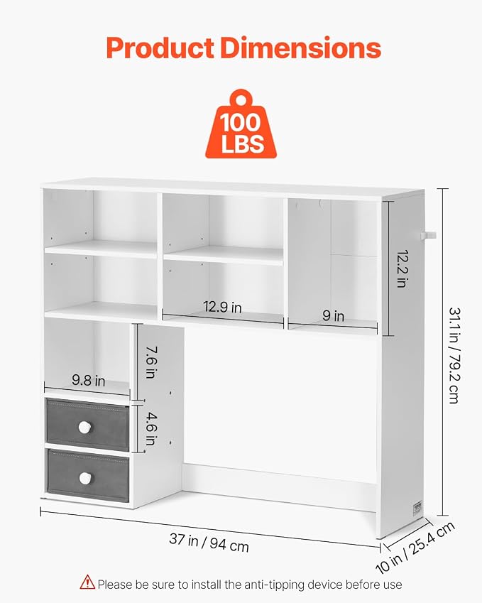 VEVOR Desktop Bookshelf, 3-Tier Desktop Storage Organizer, 37" x 10" x 31.1" Office Storage Rack Wood Display Shelf, Desktop Bookshelf Hutch with 2 Fabric Drawers, for Office, Home & Dorm, White