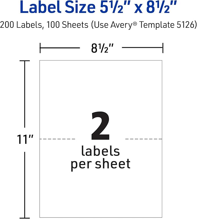 Avery® Half-Sheet Printable Shipping Labels, 5.5" x 8.5" Customizable Stickers, White, 200 Blank Mailing Labels, Great for Mailing, Shipping, Organizing, and More (5126)