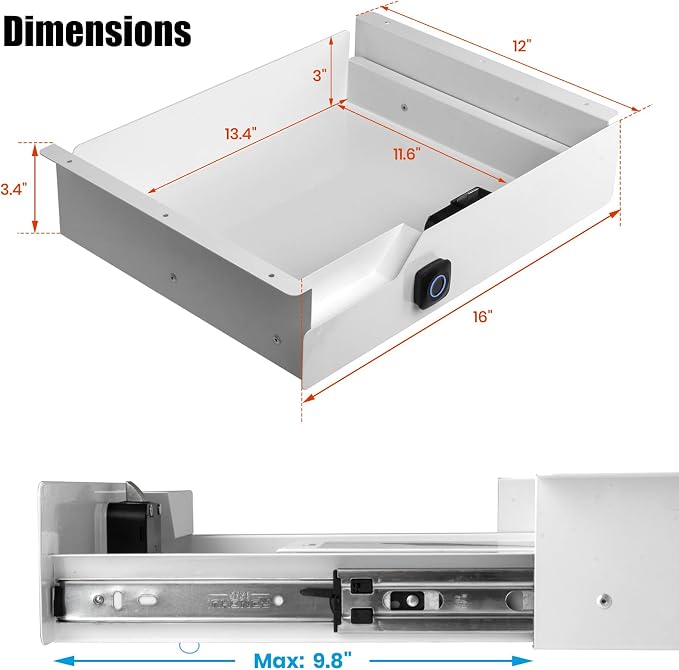 Lumil Under Desk Drawer with Lock, 16 inch Under Desk Storage Drawer, Under Desk Mounted Pull Out Drawer with Biometric Lock