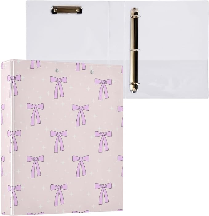 Aslsiy Kids 3 Ring Binder 1.5 Inch Lovely Bows Star Pink Round Clipboard Binder Girls Decorative Harcover Binders Organizer for Office School Supply
