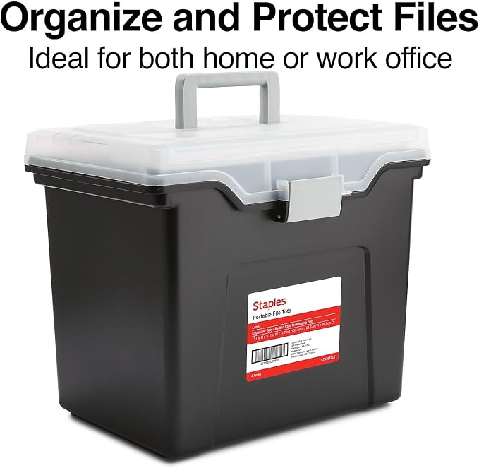 STAPLES File Box Portable Tote, Letter Size, Black, 4/Carton | Lightweight storage tote for transporting and organizing hanging files.