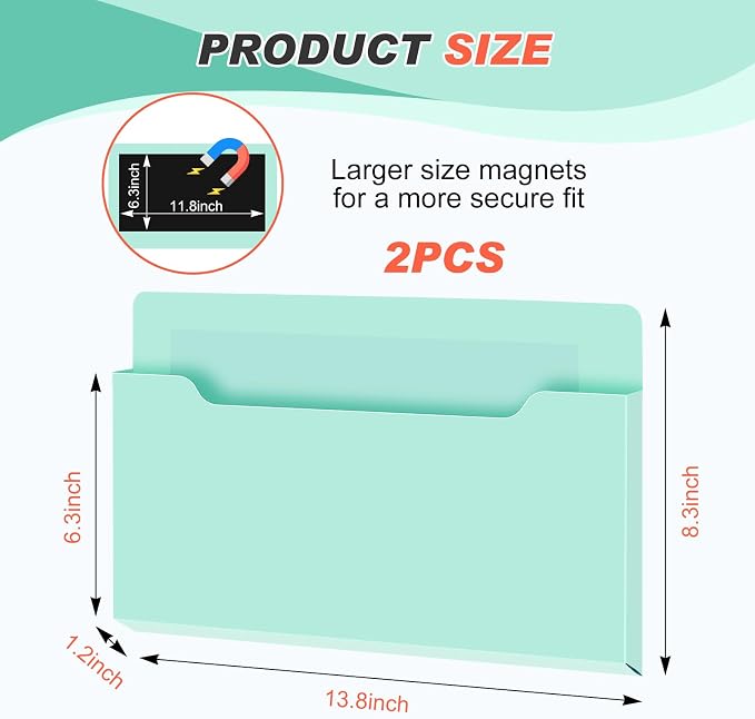 Feifeiya 2 Pcs Magnetic File Folder Wall Hanging Holder Large Pocket Paper Magazine Mail Organizer for Refrigerator Classroom Locker Whiteboard(Horizontal,Mint Green,13.8 x 8.3 Inches)