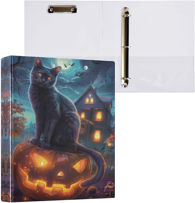 Halloween Cat Pumpkin 1.5 Inch 3 Round Ring Binders with Pocket Clip, Holds 200 Sheets Documents for Office Classroom Student Organization Hard d Ring Binders with Printed