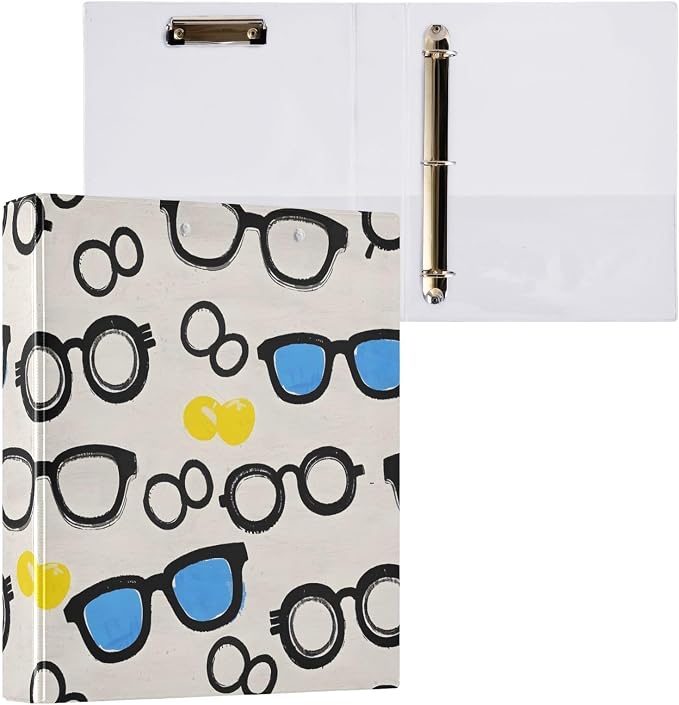 Glasses Summer Pattern 3 Ring Binder with 2 Interior Pockets 1.5 inch Binders 3 Ring Heavy Duty Fit 8.5" x 11" Letter Size for Office School, 2 Pack