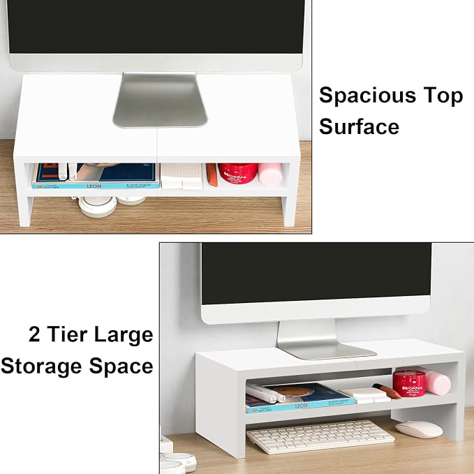 TEAMIX 20 inch White Monitor Riser Stand - 2 Tiers, Wood Desktop Bookshelf | Laptop/PC/Printer/Keyboard Storage, Ergonomic Design, 15mm thick Sturdy Wood Boards, TV Stand, Home Office Desk Accessories