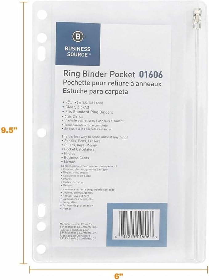 Business Source Ring Binder Pocket with Zipper, 9.5" x 6", Clear with White Back, 24 Count