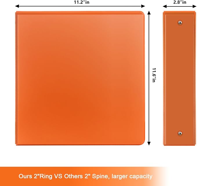 COMIX Sturdy 2 Inch 3 Ring Binder with Clear View Cover | 2"Heavy Duty Round Ring,PVC-Free Board,Holds 450 Letter Sheets,Wholesale for Offices & Classrooms,6 Pack (Orange)