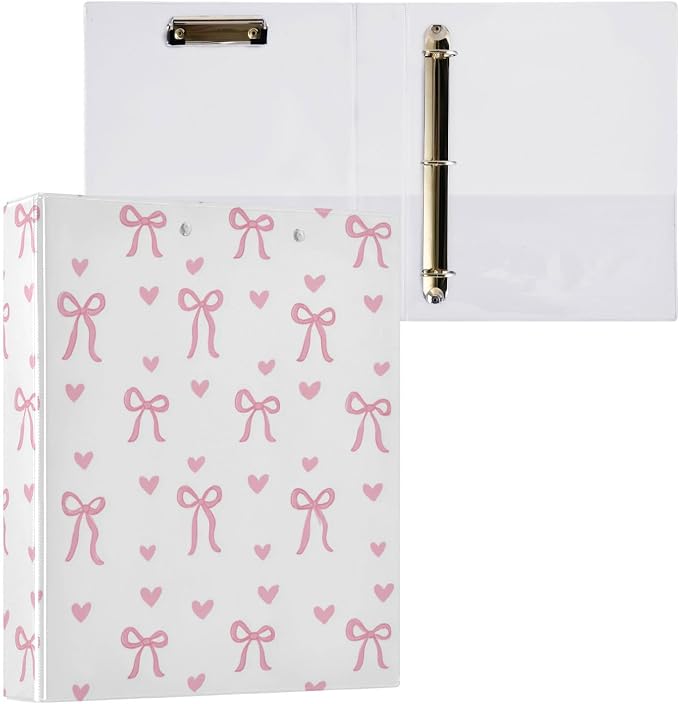 Aslsiy Cute Pink Bow 3 Ring Binder 1.5 Inch Girls Coquette Bow Round Clipboard Binder Decorative Harcover Binders Organizer for Office Schhol Supplies