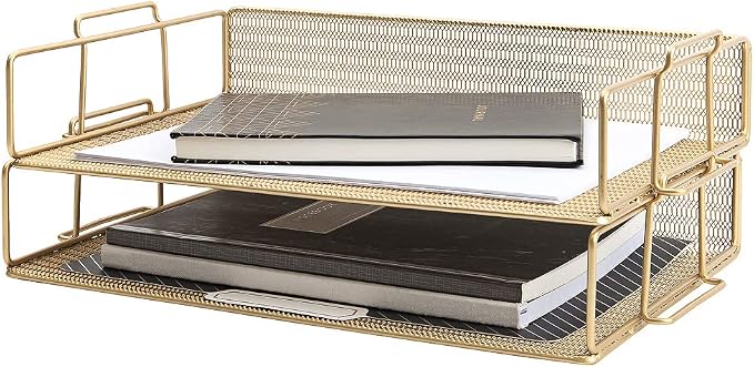 BLU MONACO | Paper Tray Stackable Gold Mesh Set of 2 | Stackable File Trays for Desk Organization | Tiered Desk Organizer with Metal Letter Trays
