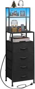 WLIVE Tall Nightstand with Charging Station, LED Night Stand with 4 Drawers and Storage Open Shelves, Fabric Dresser for Bedroom, Office, Black