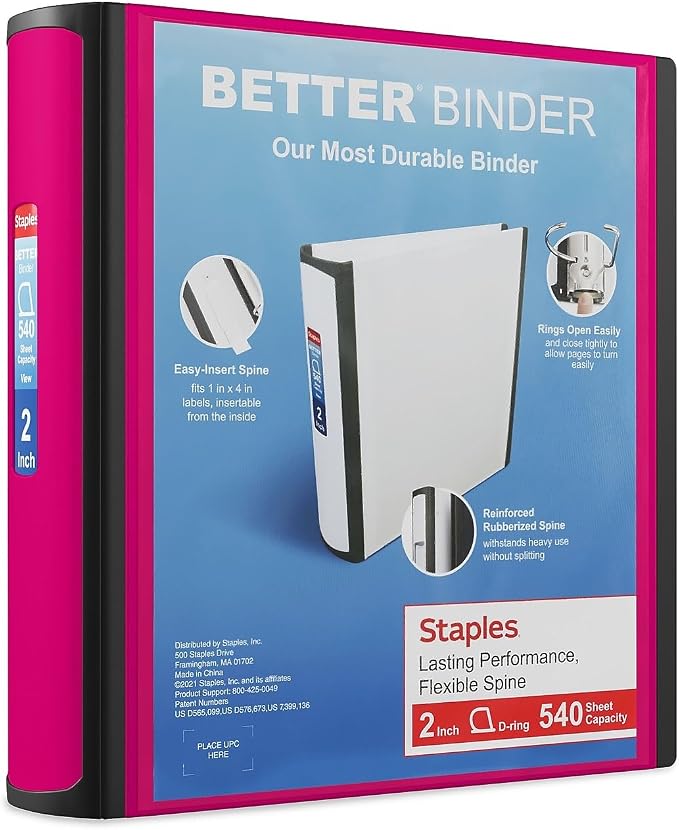 Staples Better Binder, 2-Inch D-Ring View, Pink, Holds 450 Sheets | Reinforced spine for durable everyday use in office and school settings.