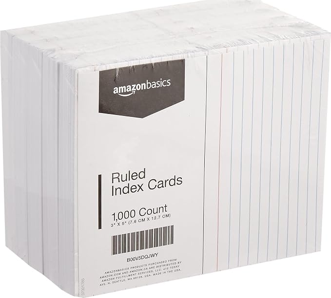 Amazon Basics Ruled Lined Index Cards for Study, Notes and Recipes, White, 3" x 5", 1,000 Count (10 Pack of 100)