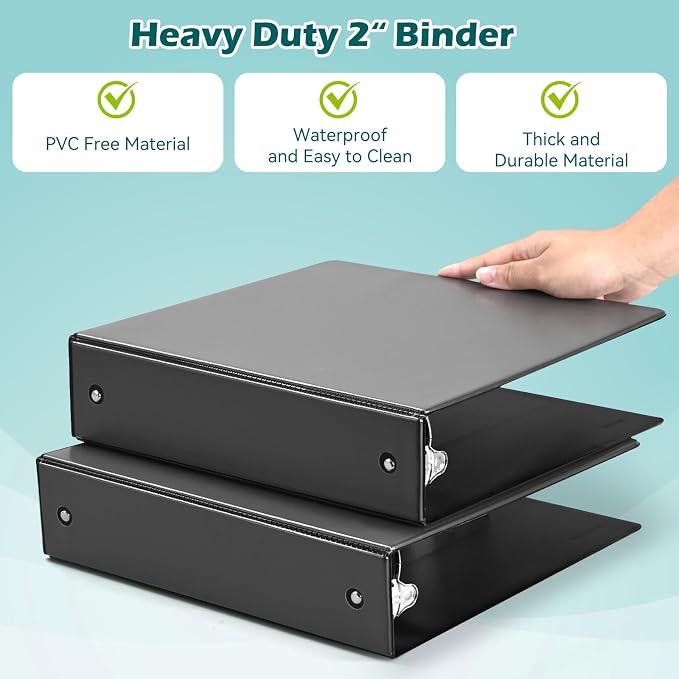 Heture 3 Ring Binder 2 Inch 6 Pack,2" Clear View with Round Rings, PVC-Free,Holds for 450 Sheets 8.5X 11 US Letter Size Paper, Durable Black Binders Perfect for Office,School and Home
