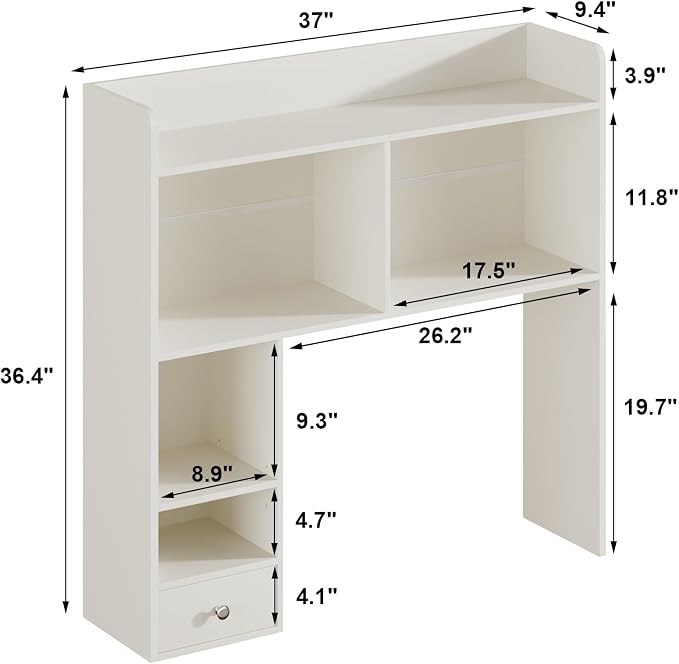 ChooChoo Desktop Bookshelf with Lights and 5 Shelves and 1 Drawer | 36.4" Tall Countertop Desk Hutch, Computer Desk, Desk Shelf Organizer, Dorm Office Home, White