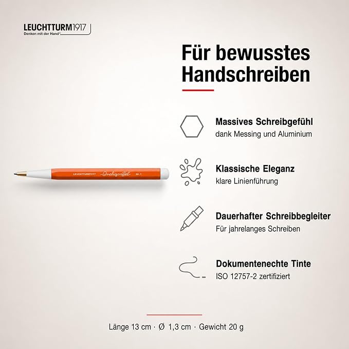 LEUCHTTURM1917 - Drehgriffel Writing Pen (Pumpkin) - Ballpoint Pen with Royal Blue Ink Included