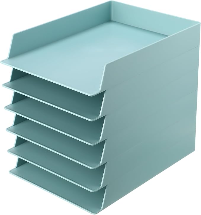 Tatuo 6 Pack Stackable Paper Trays Plastic Letter Tray Desk Organizer Paper Holder Organizer Storage Office Desk Accessories for Classroom Magazine File Documents 12.8 x 9.45 x 1.97, Blue Green