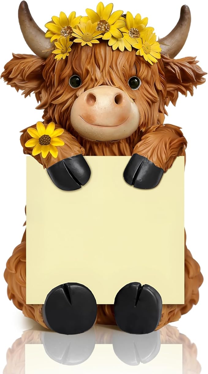Thenshop Back to School Sunflower Highland Cow Pop up Sticky Note Dispenser | Fall Resin Highland Cow with 100 Sheets, Sticky Note Holder, 3 x 3 Inch, Highland Cow Desk Accessories, Classroom School Gift