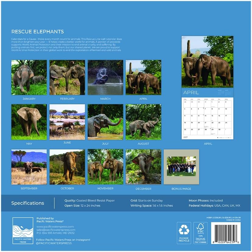 2027 Rescue Elephant Wall Calendar, 12 x 24 Hanging Pacific Waters Press