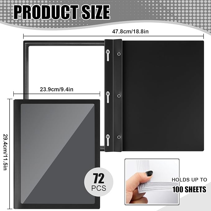 Teling 72 Pcs Report Covers with 3 Prong Fasteners Clear Front Presentation Folders Frame View Poly Report Folder Presentation Binder for Paper Document School Office (Black)