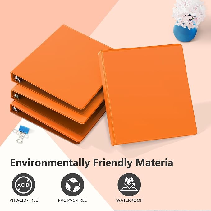 ViVin Sturdy 1 Inch D Ring Binders with 2 Pockets, 6 Pack, Orange | 3 Ring Binders with Clear View Cover, Hold 225 Sheets of US Letter Size Paper, PVC-Free for Office, Home, School
