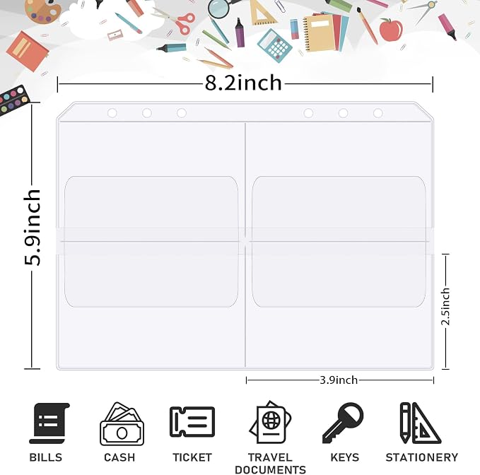30pcs Quartering A5 Binder Pocket no Zipper Clear Budget Planner Inserts Bulk Binder Organizer Cash Envelopes for Budgeting Waterproof PVC Loose Leaf Bags Card Sleeves for 6 Ring Notebook