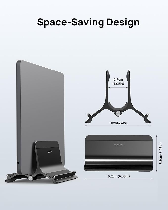 Vertical Laptop Stand Holder for Desk Compatible with MacBook Air, MacBook Pro Stand Vertical Aluminum Up to 17 inch, Gravity Auto-Lock Cooling, 3-in-1 Space Saving Desk Organizer Accessories