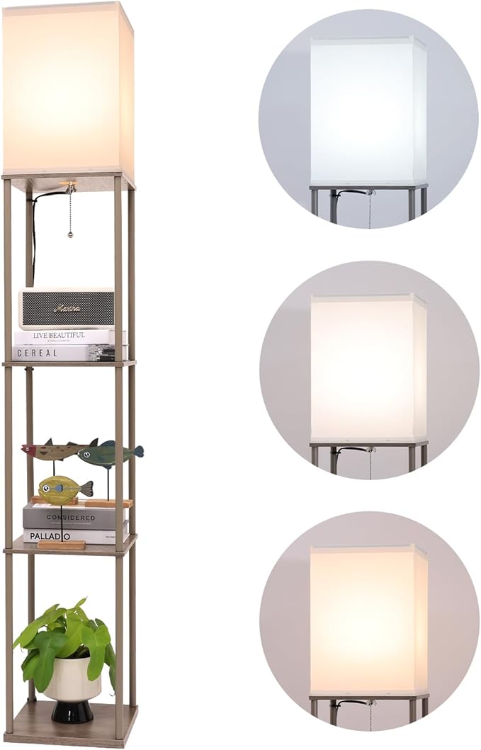Gupuzm Floor Lamp with Shelves, Modern Square Standing Lamp with 3 Color Temperature Bulb, Corner Display Bookshelf Lamp for Living Room, Bedroom and Office （Grey）