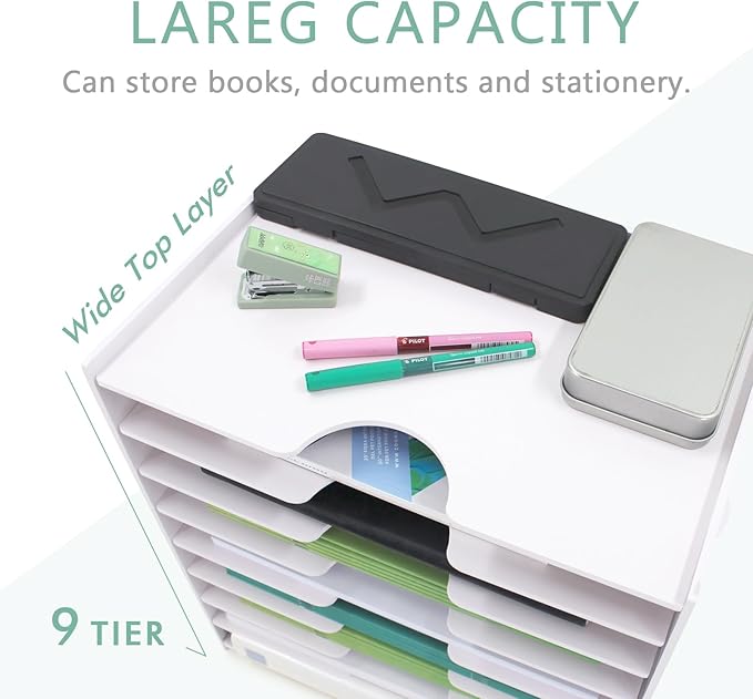 SONGWAY File Organizer for Desk - 9 Tier Wide Document Holder, Letter Mail Tray Storage Rack, File Sorter Organizer, Paper Storage Holder, Desktop Organizer for Home Office School, White