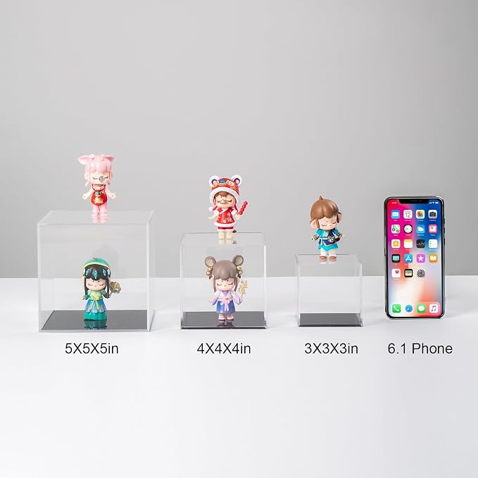 3x3x3Inch Clear Acrylic Boxes for Collectibles Display | Removable Countertop Storage Box Cube Organizer Stand Riser, Dustproof Protection Showcase for Crystals Minerals Slab Fossil