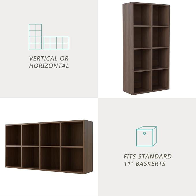 8-Cube Storage Shelf Bookcase, Walnut | Wooden 4-Tier Open Bookshelf, Fits 11×11" Bins, Vertical or Horizontal Use, Full Back Panels, For Home Office